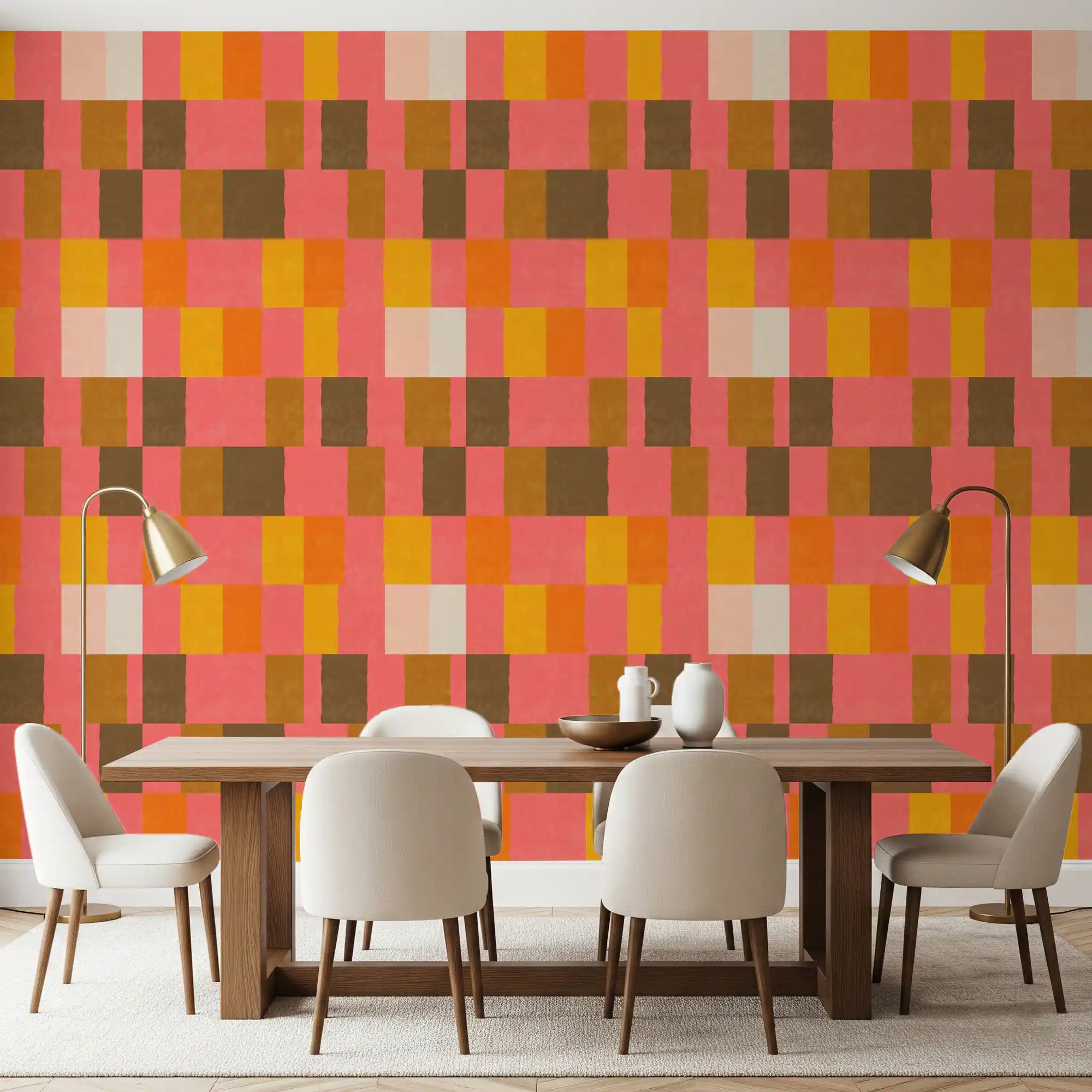Coral, mustard and brown rectangles spread across a dining room on this clay wallpaper.