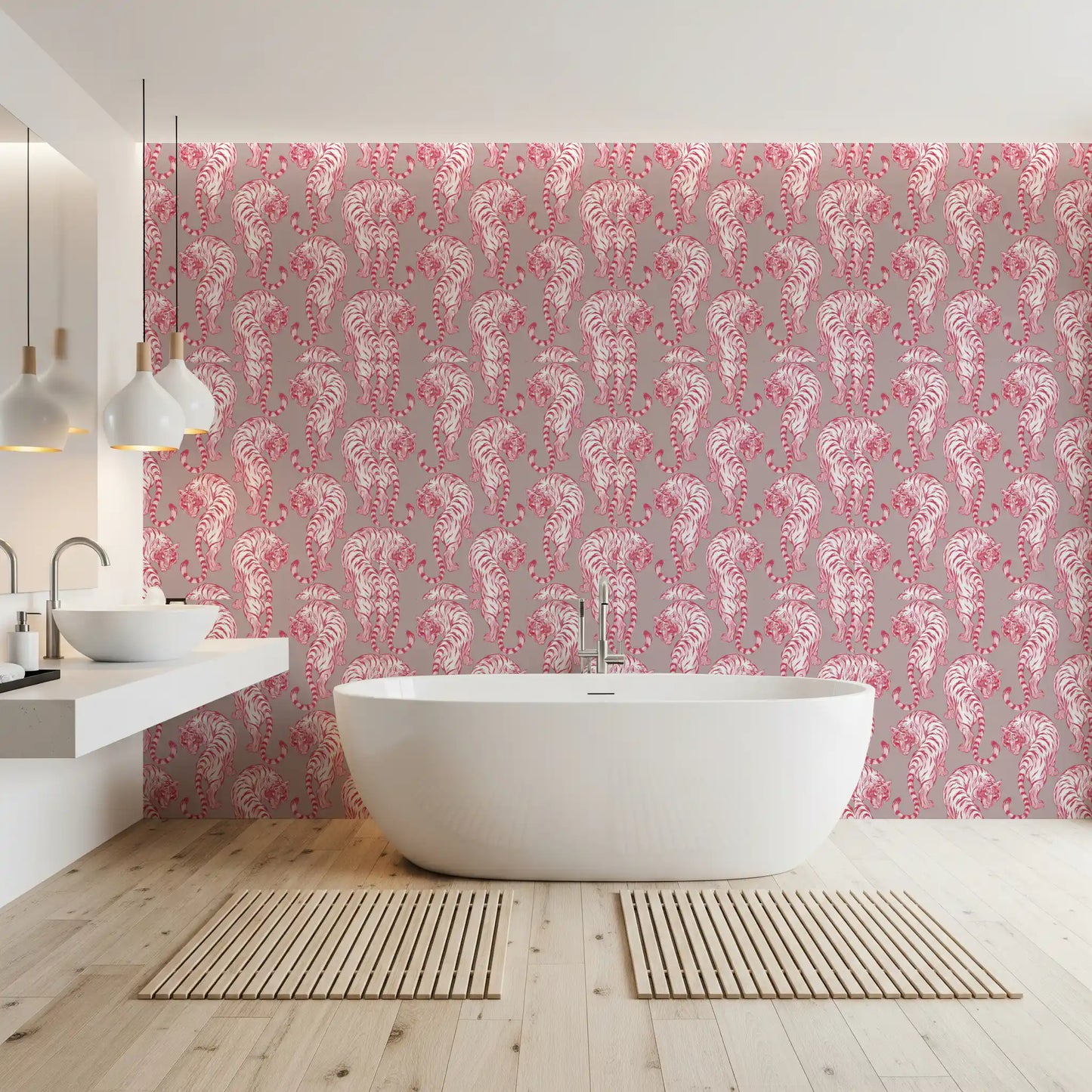 Papier peint motif tigre chinoiserie rose
