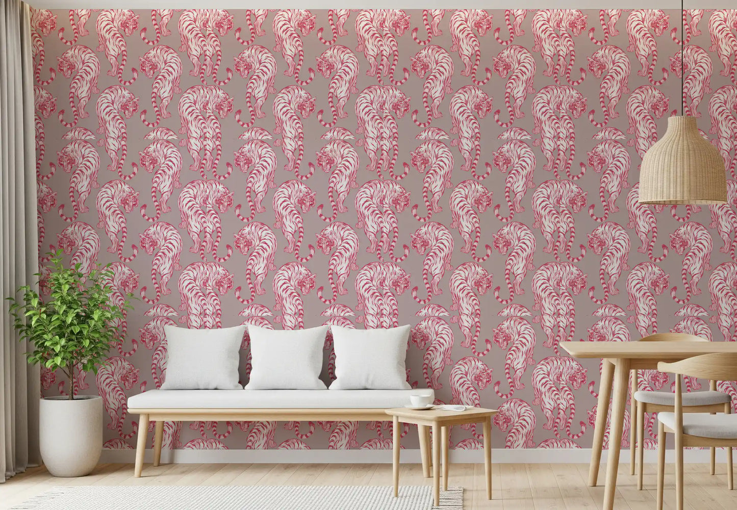 Papier peint motif tigre chinoiserie rose