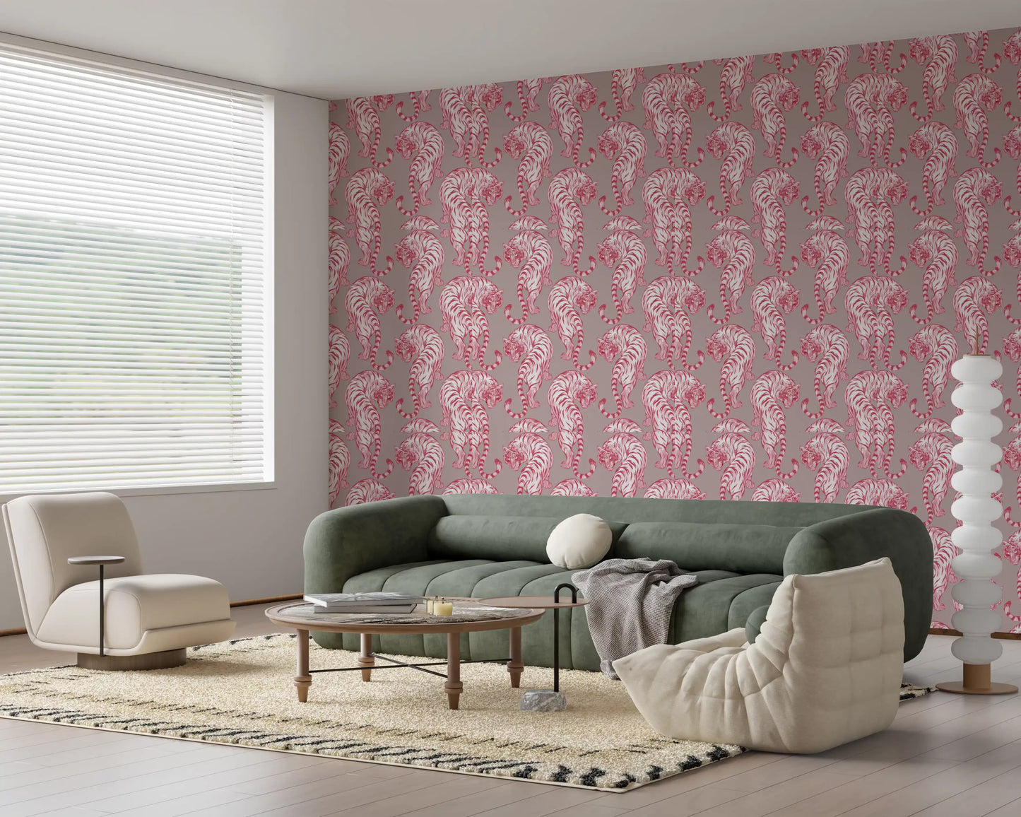 Papier peint motif tigre chinoiserie rose