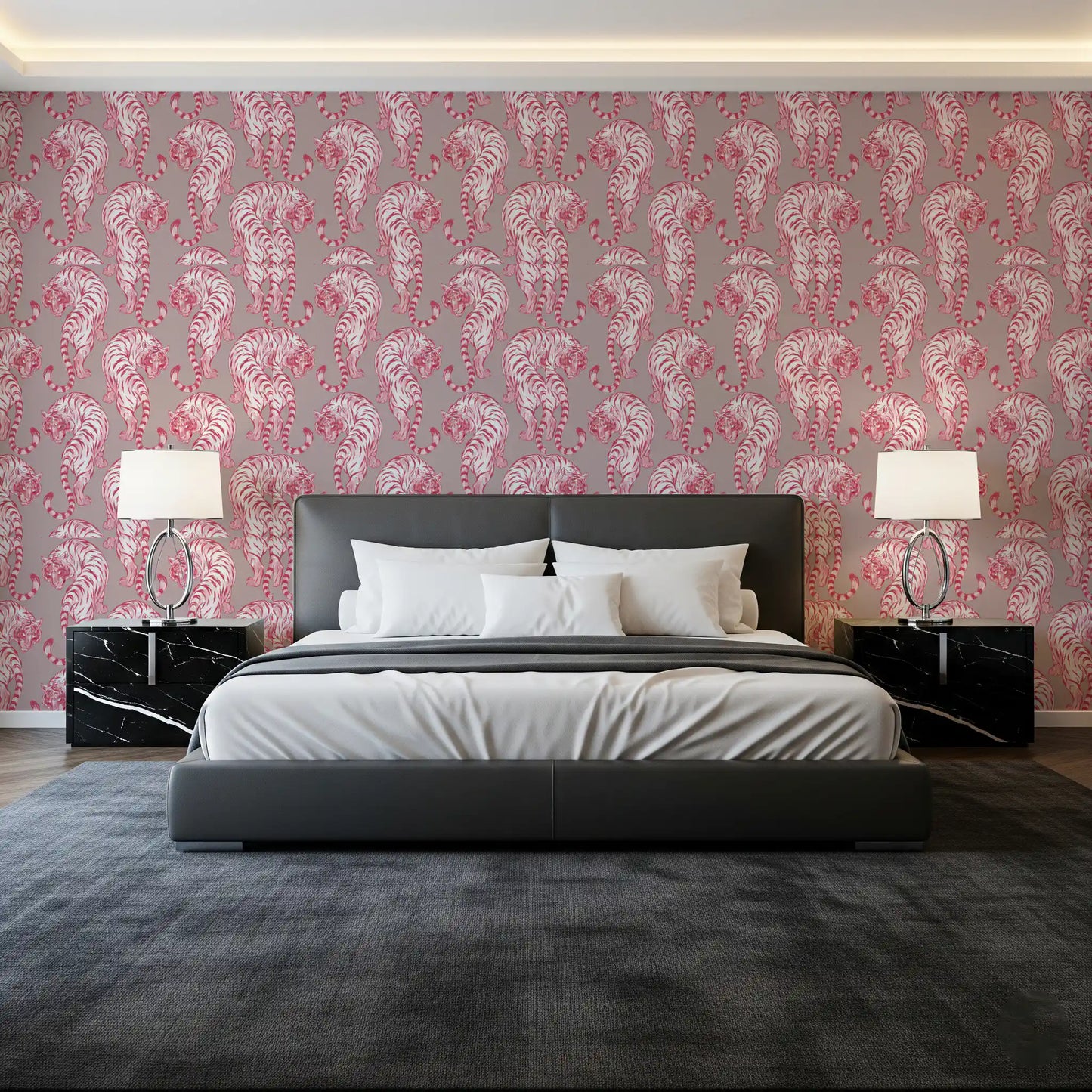 Papier peint motif tigre chinoiserie rose
