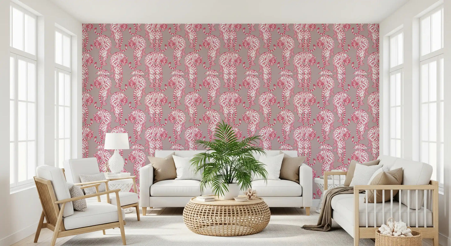 Papier peint motif tigre chinoiserie rose