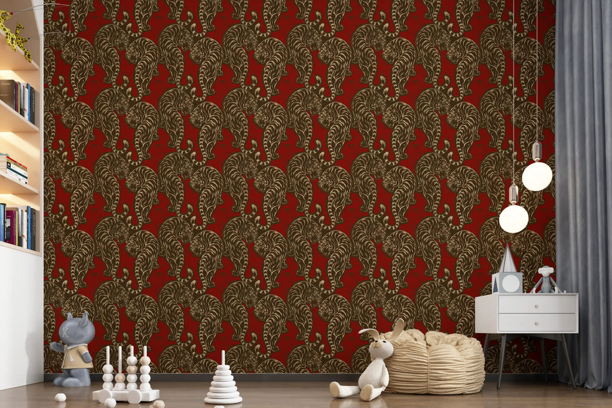 Imperial Crimson Tiger wallpaper warms a bold Nursery room with prowling feline stripes.