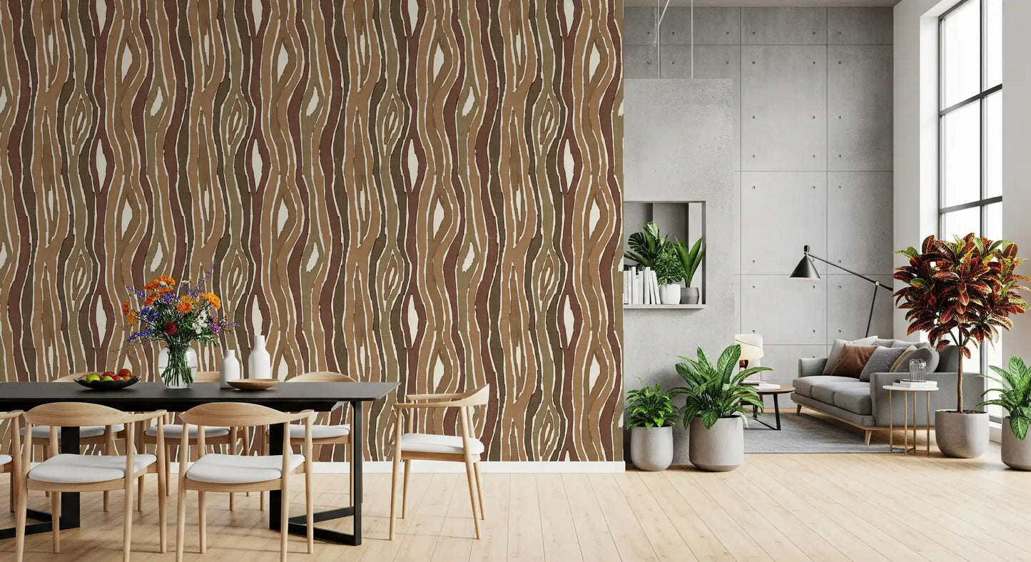 Carta da parati a strisce verticali ondulate effetto legno organico - corteccia naturale
