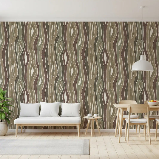 The Earthy Sage Wallpaper lines a Dining room with vertical woodgrain stripes.