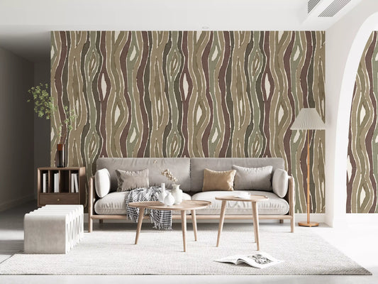 Papier peint à rayures verticales ondulées effet bois organique - Sauge terreuse