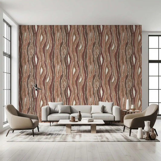Earthy Clay wallpaper warms a living room corner with vertical woodgrain stripes.