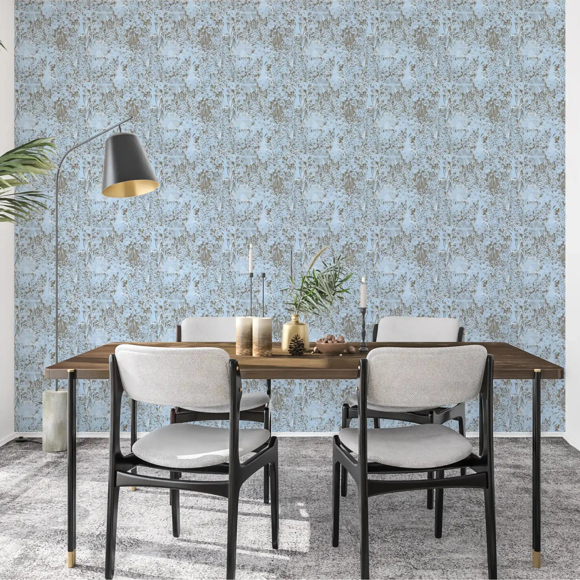 Dining room feature in a serene blue canopy silhouette wallpaper GD10719

