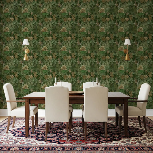 Botanical jungle wallpaper deepening the mood of a green Dining room GD10720