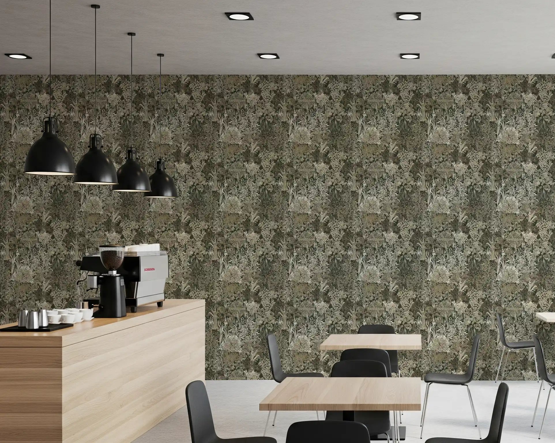 Pixelated canopy wallpaper warms a cafe with muted grasses and ferns GD10722
