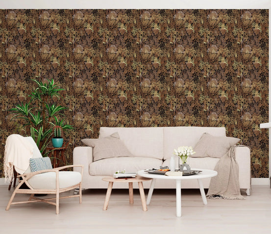 Living room feature in a rustic thick jungle canopy wallpaper in brown GD10724
