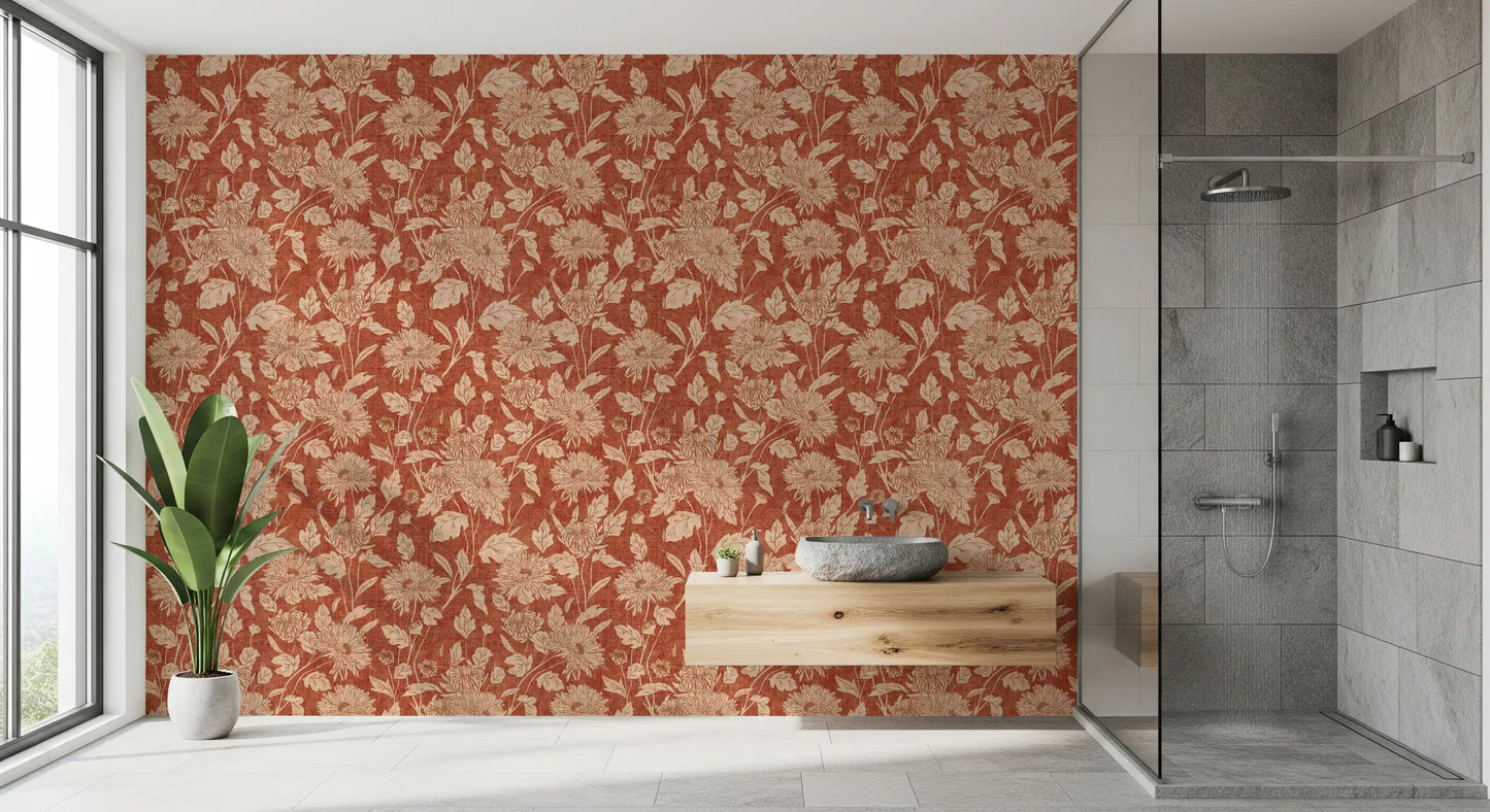 Terracotta Krysantemum Vintage Blomstret Tapet Tapet⁠