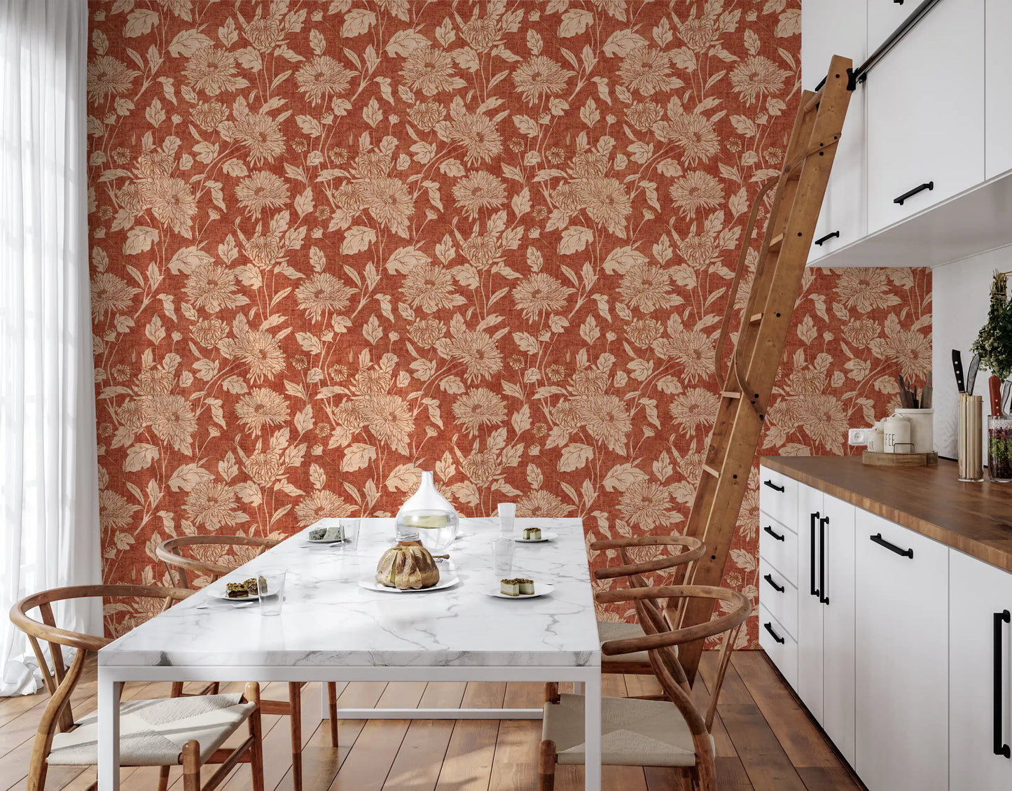 Terracotta Krysantemum Vintage Blomstret Tapet Tapet⁠