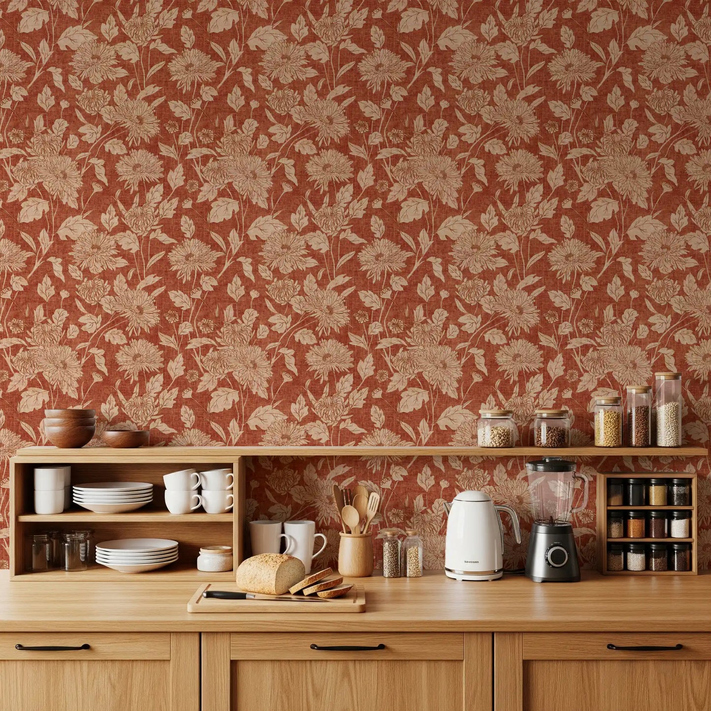Terracotta Krysantemum Vintage Blomstret Tapet Tapet⁠