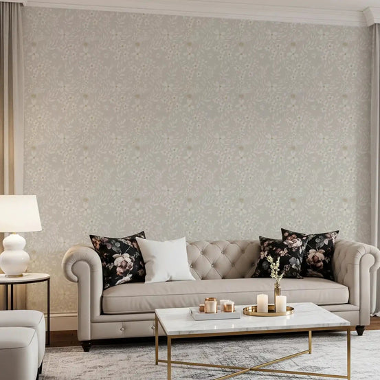 Delicate meadow wallpaper calms a living room with white blooms and sprigs GD10733
