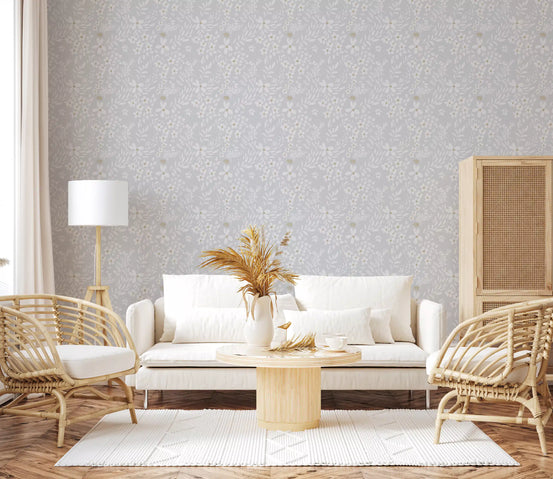Dainty Meadow Blossom wallpaper lightens a living room with white daisies GD10734
