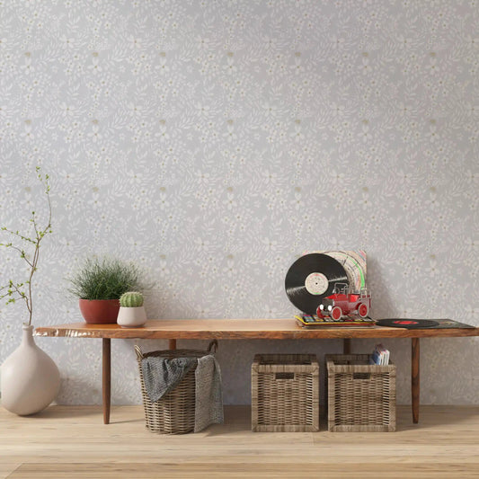 A Hallway stays airy under this Slate Grey Blossom wallpaper GD10734
