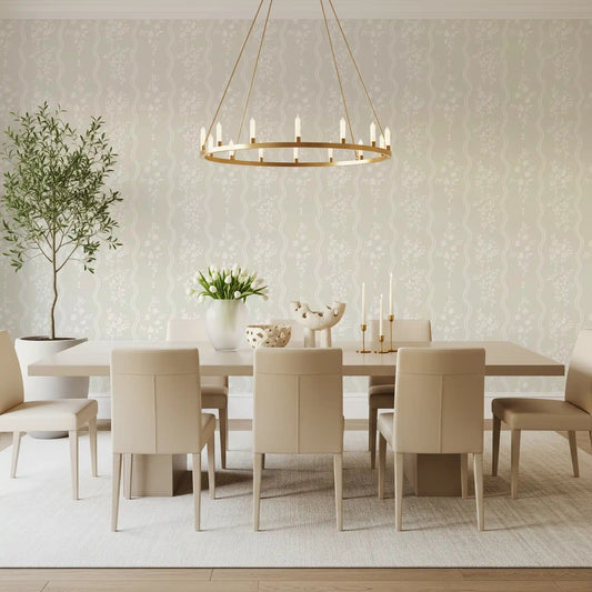 White sprigs and wavy lines dot a Dining room in this beige wallpaper GD10737
