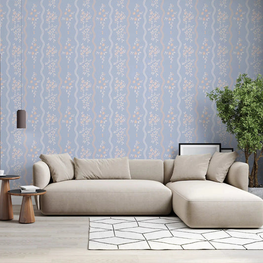 Living room set against a blue wildflower wallpaper with wavy stripes GD10740
