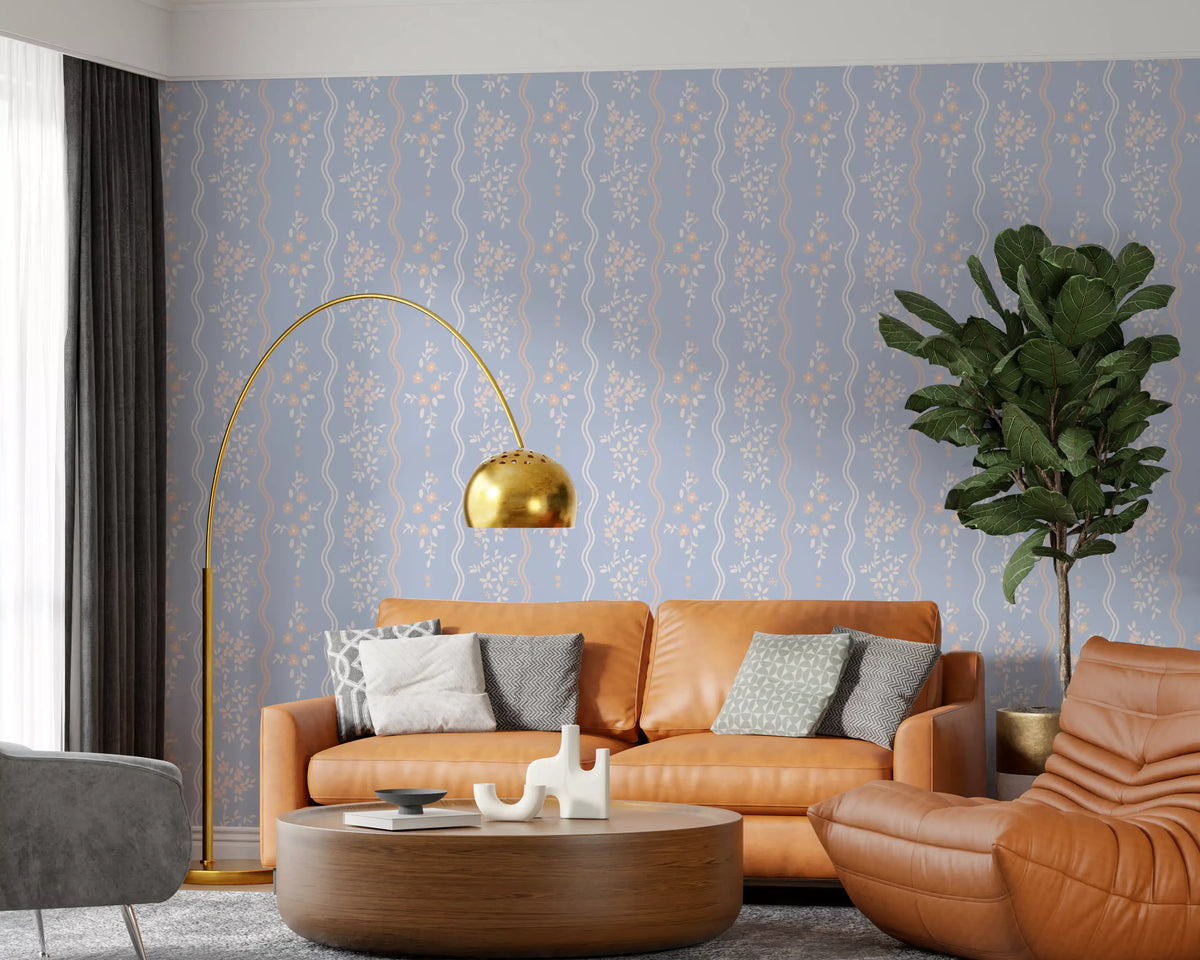 Living room feature in a wavy stripe and dainty wildflower wallpaper GD10740
