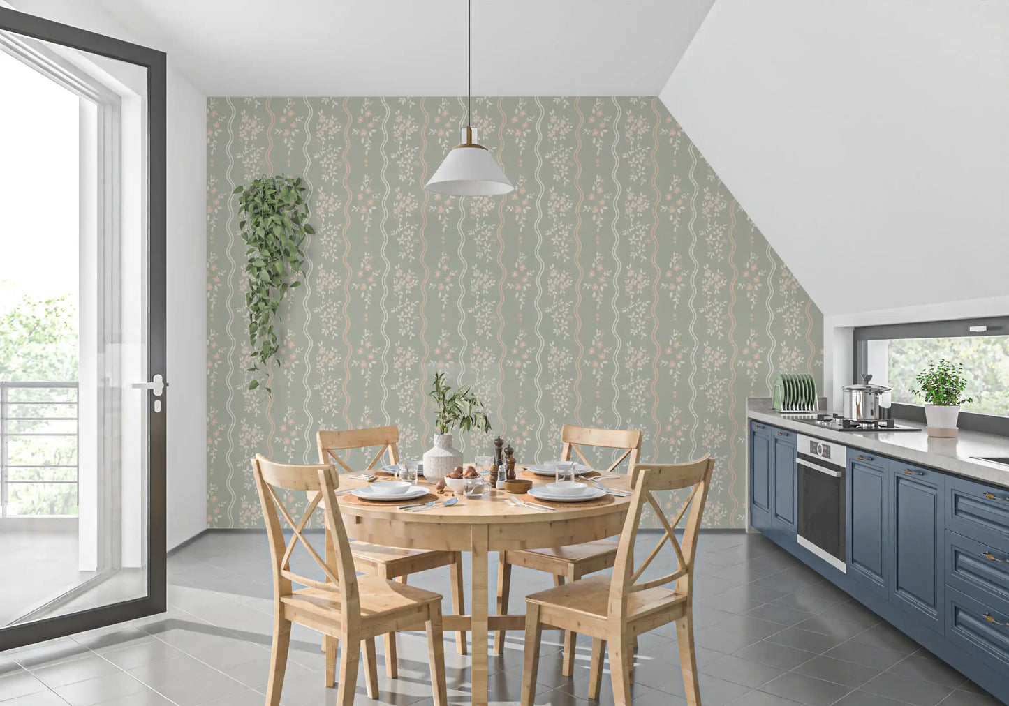 Tapete Sweet Sage und Blush Cottage Stripe