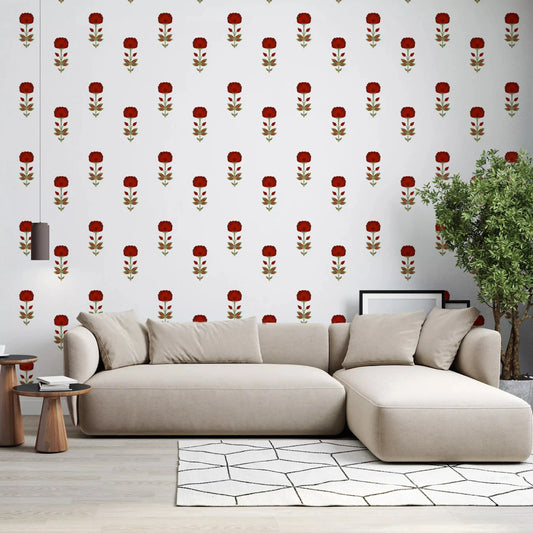 Small red flowers fill a living room, shown in Mughal Blossom wallpaper GD10745
