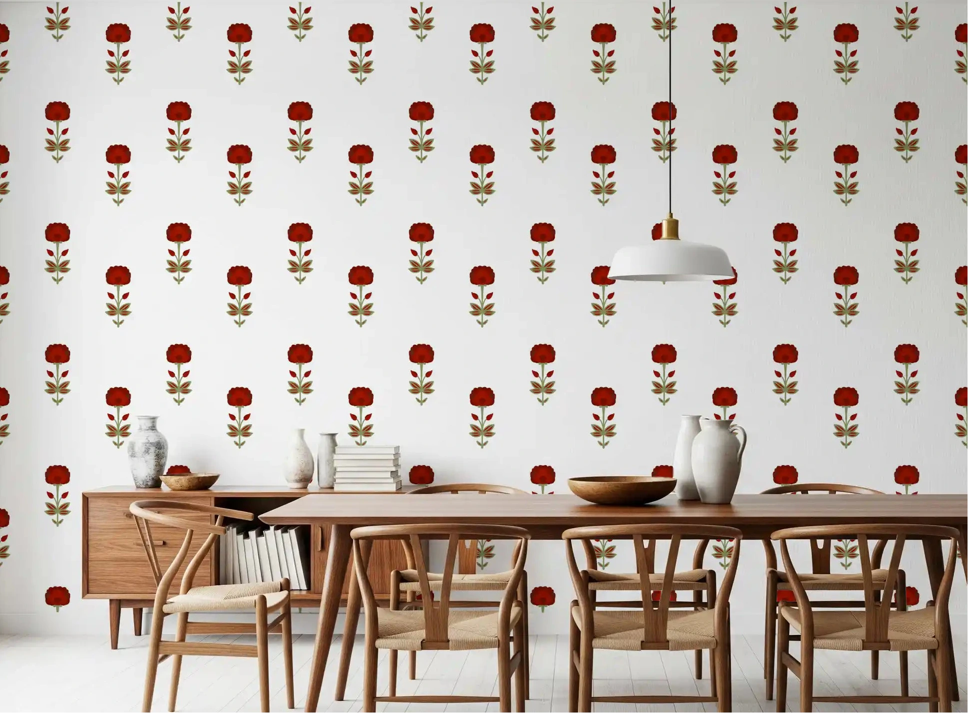 Red Mughal Blossom wallpaper in a dining room, warm red floral repeat GD10745
