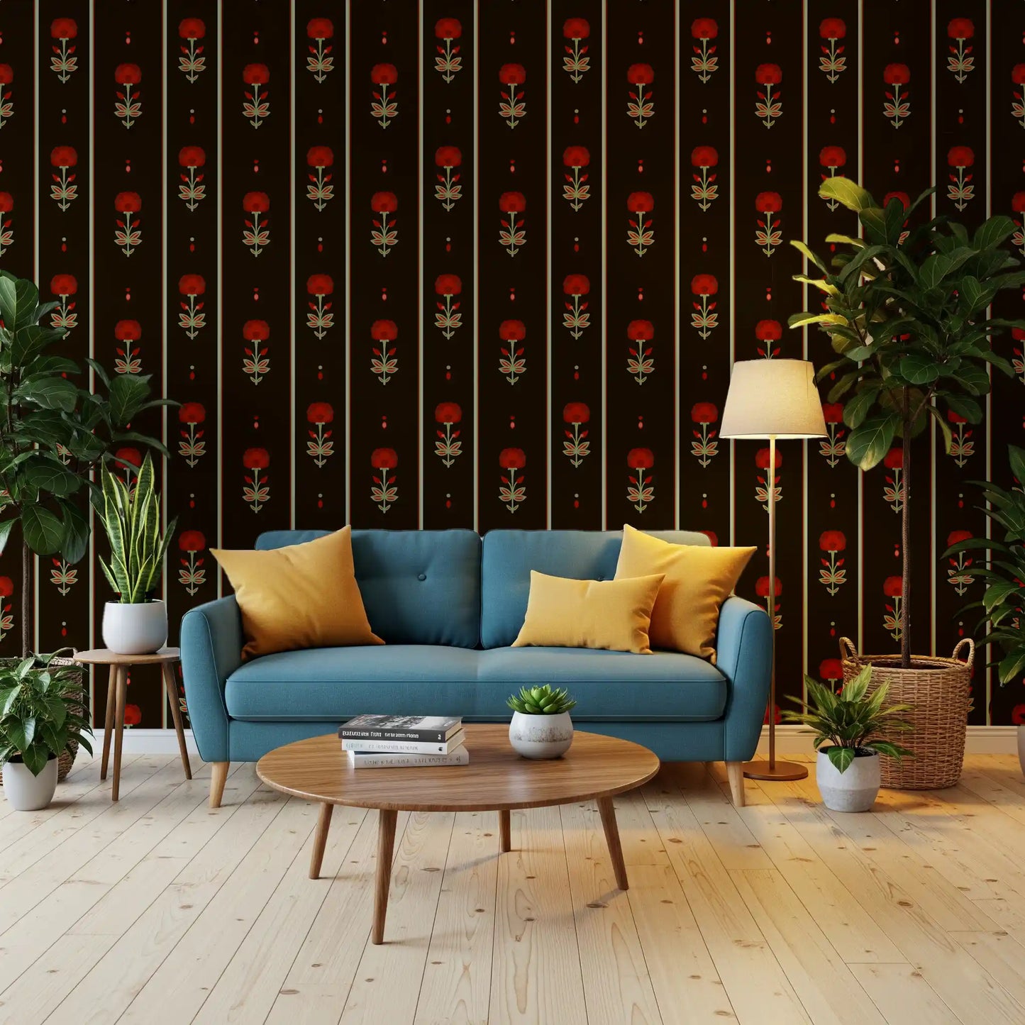 Papier peint rayé floral art populaire cramoisi