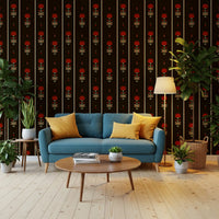 Papier peint rayé floral art populaire cramoisi