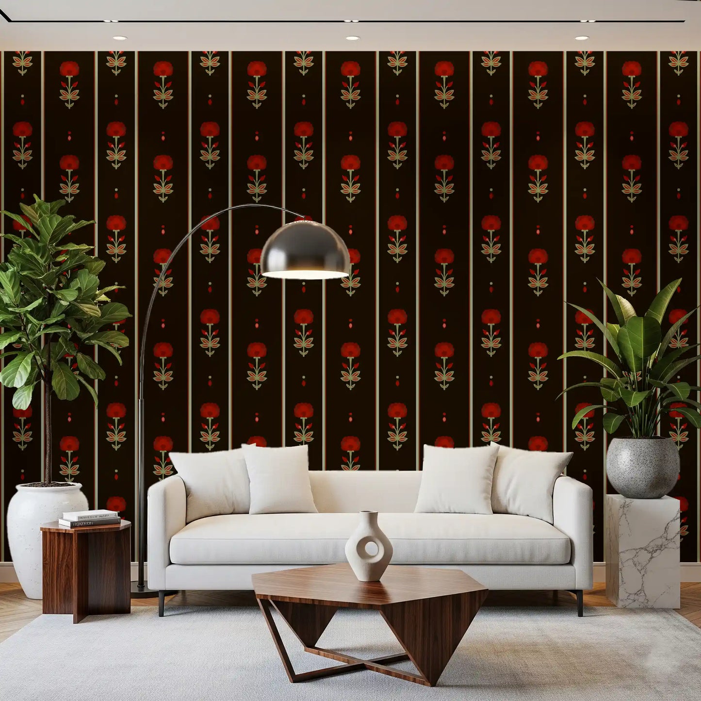 Papier peint rayé floral art populaire cramoisi