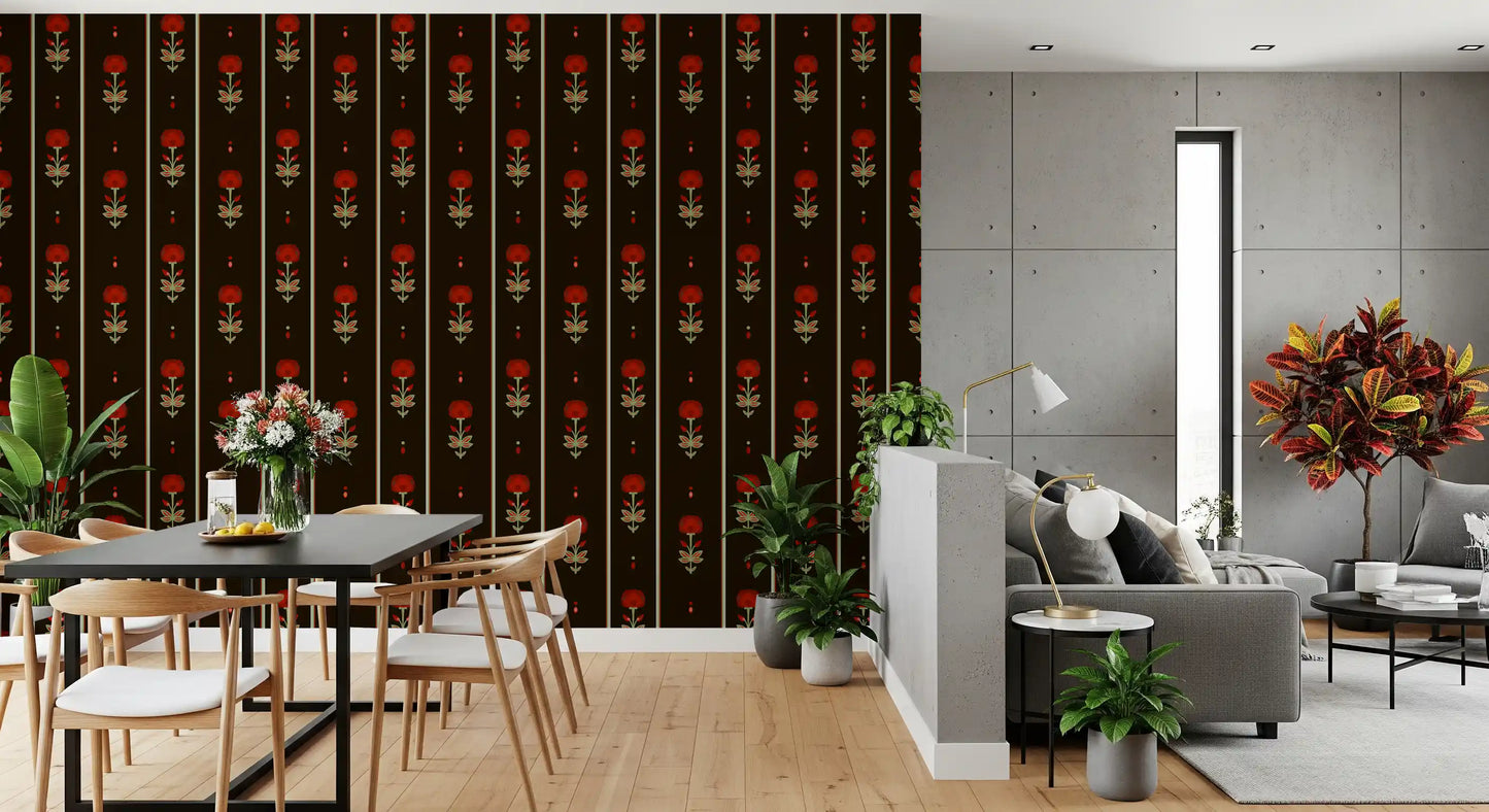 Papier peint rayé floral art populaire cramoisi