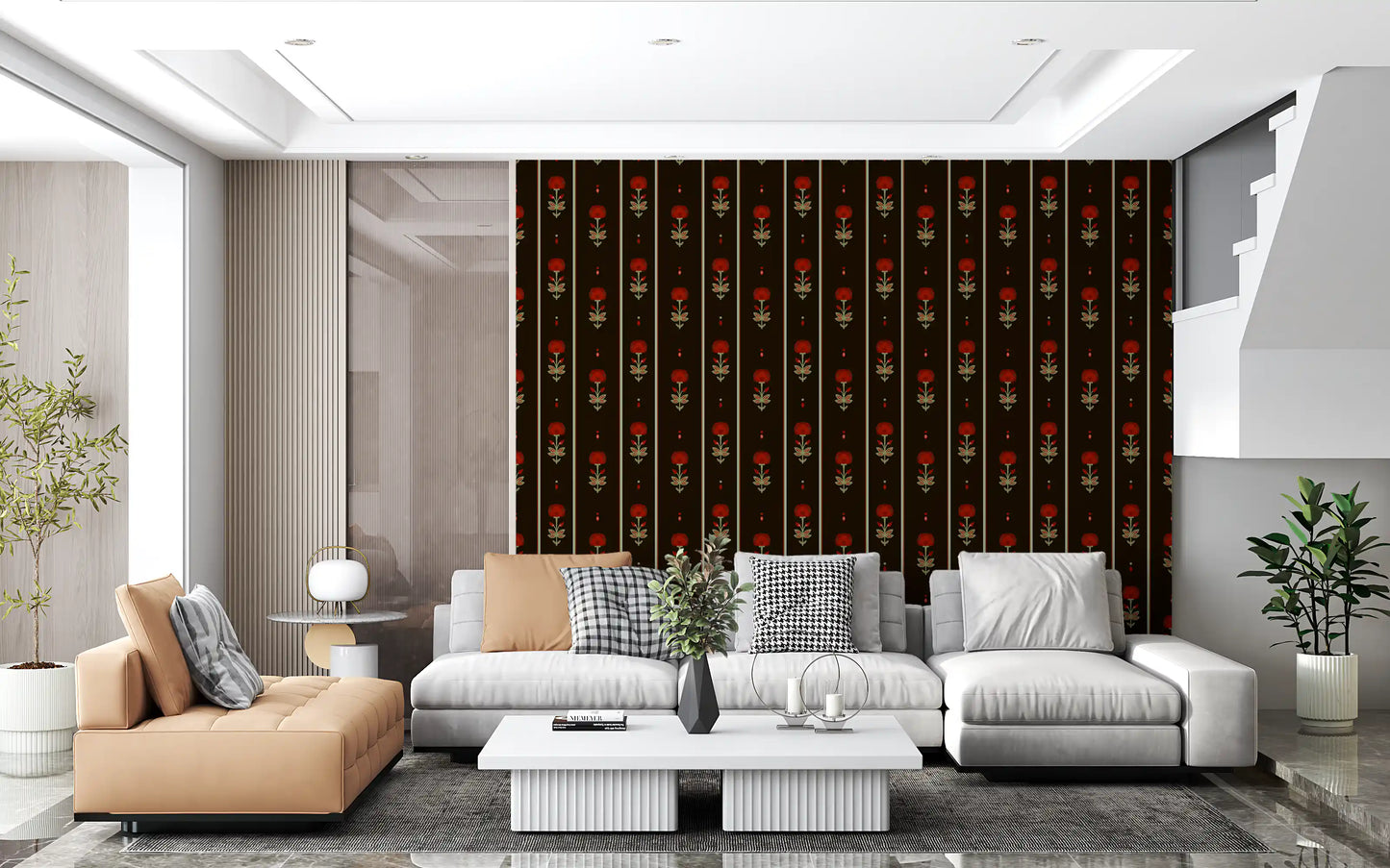 Papier peint rayé floral art populaire cramoisi