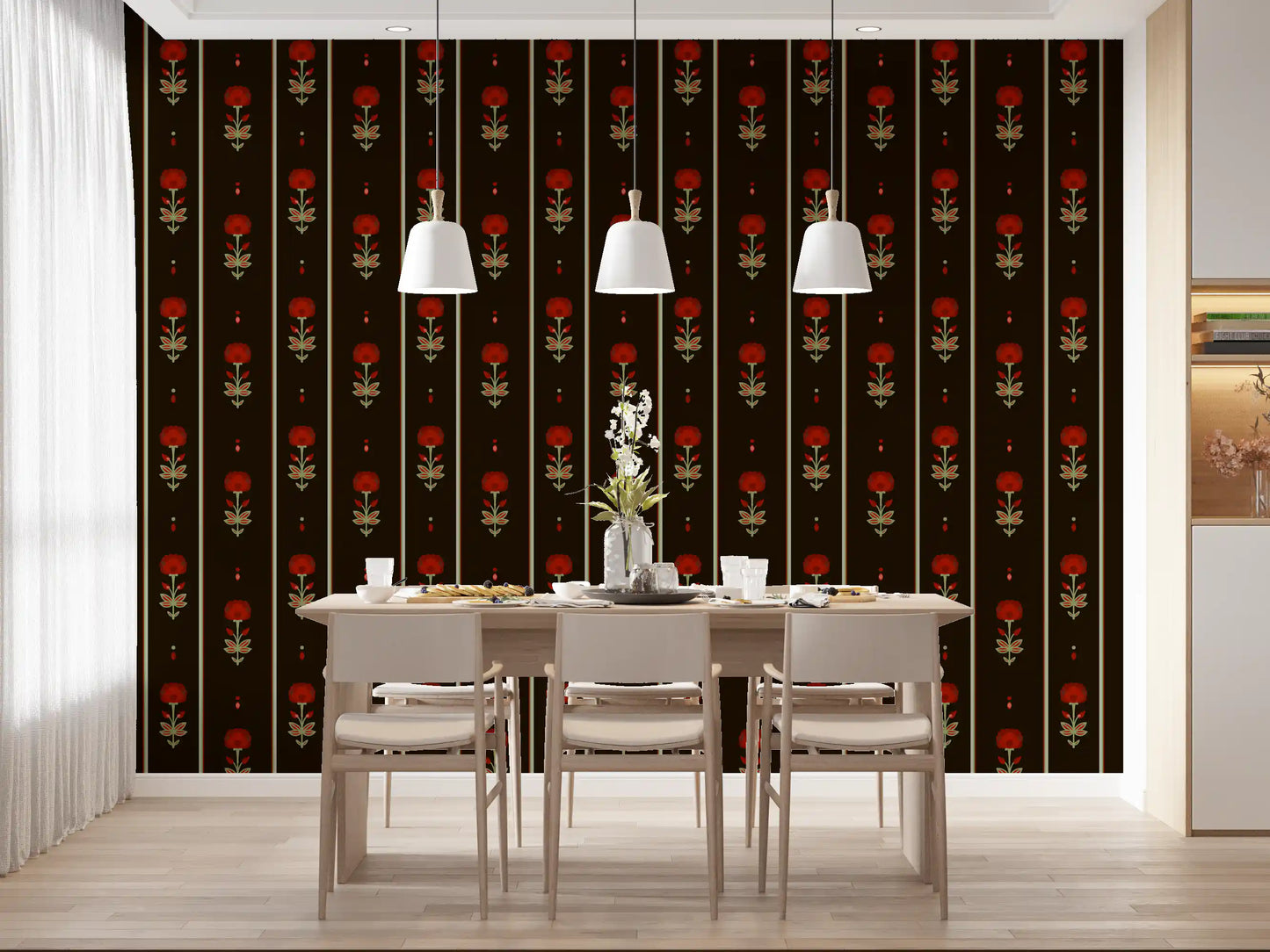 Papier peint rayé floral art populaire cramoisi