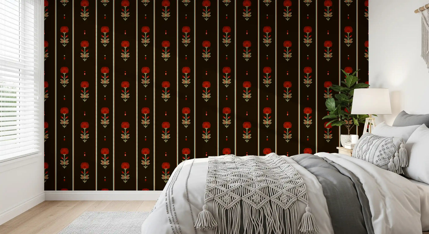 Papier peint rayé floral art populaire cramoisi