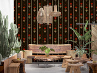 Papier peint rayé floral art populaire cramoisi