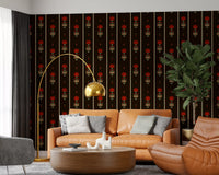 Papier peint rayé floral art populaire cramoisi