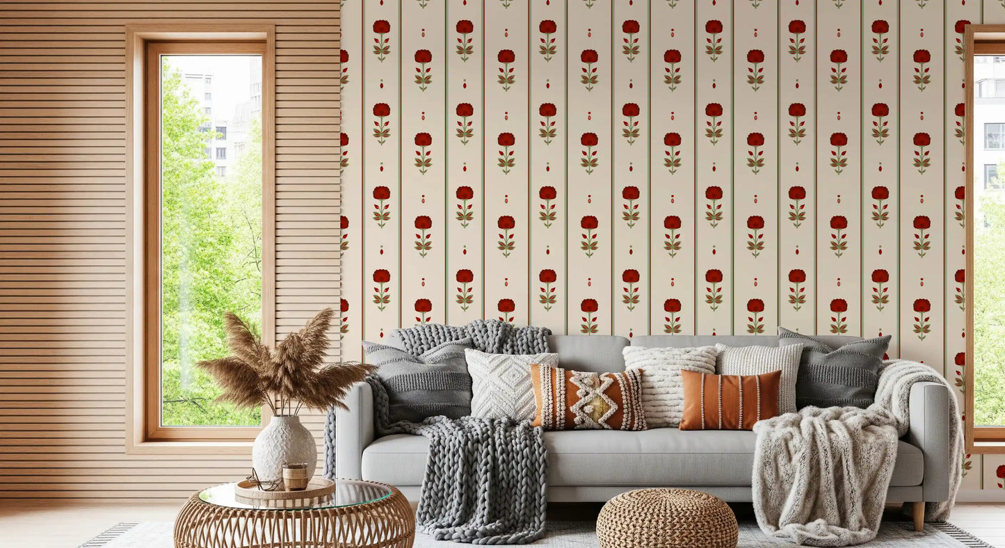 Papel de Parede Vintage Heritage com Risca Floral Vermelha