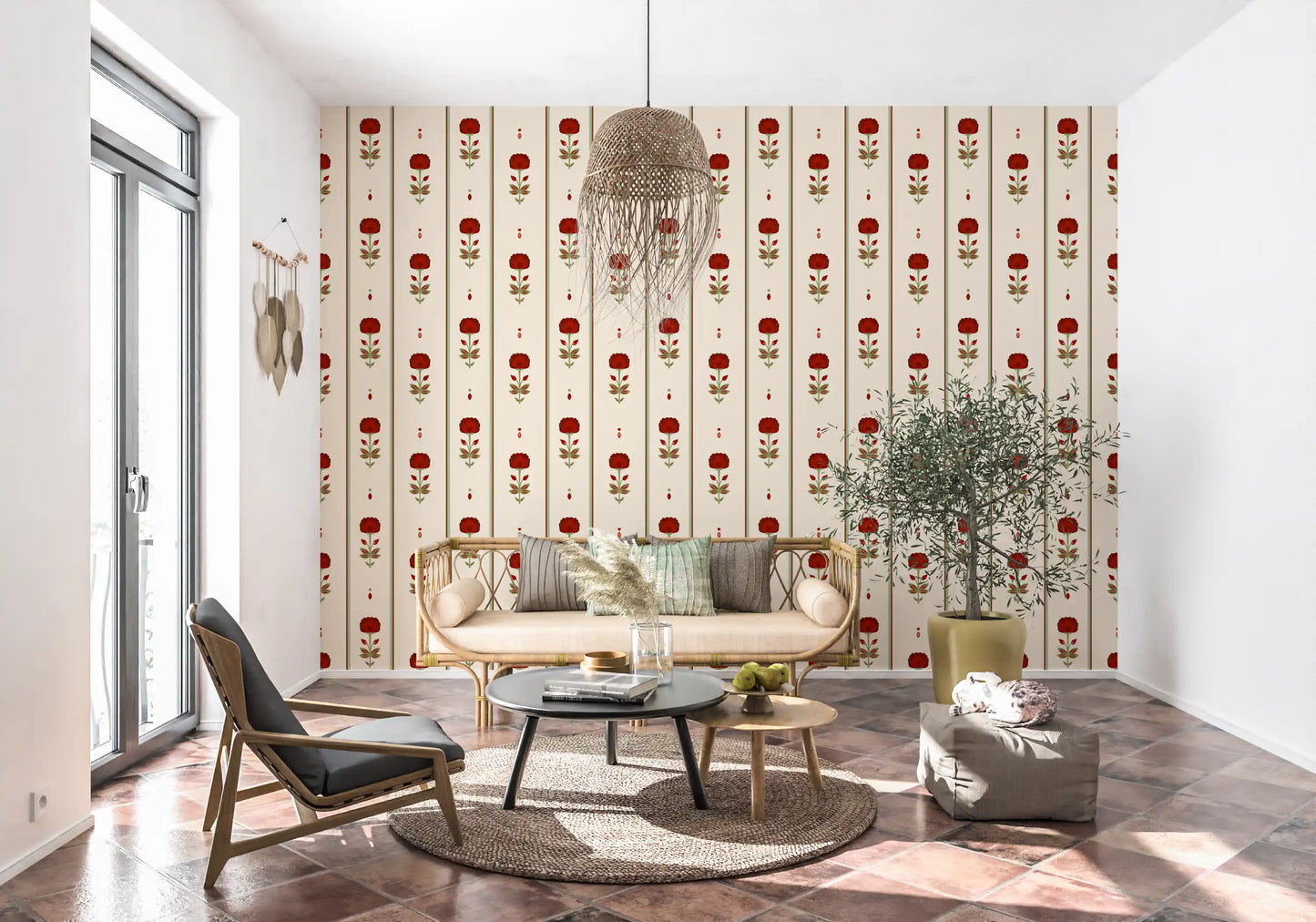 Papel de Parede Vintage Heritage com Risca Floral Vermelha