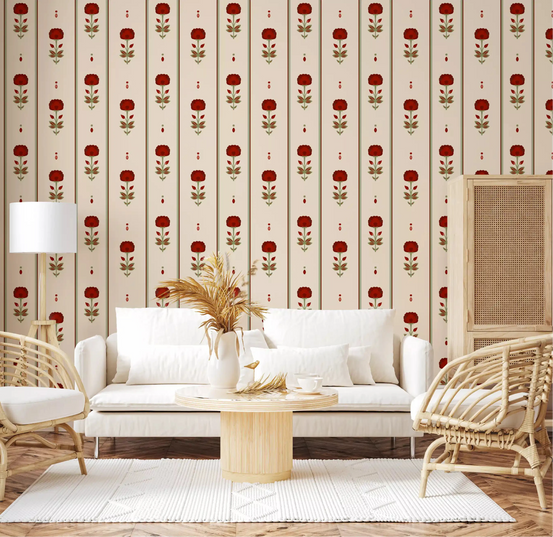 Vintage Heritage Red Floral Stripe Wallpaper warming a cosy living room GD10747
