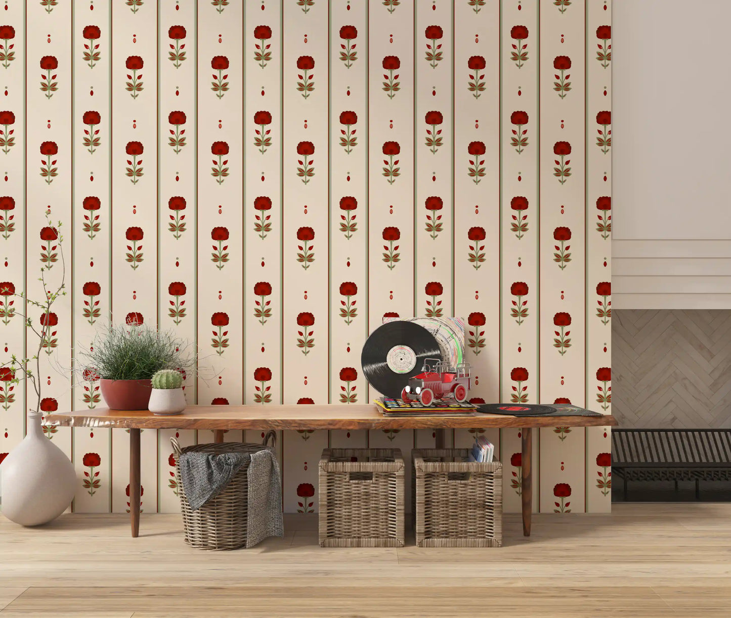 Papel de Parede Vintage Heritage com Risca Floral Vermelha