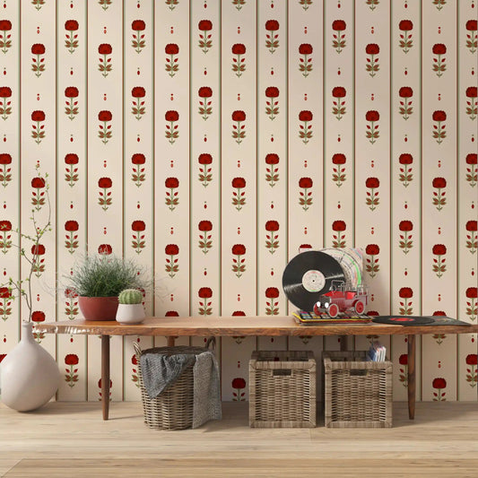 Carnation stripe wallpaper running down a hallway in cream and red GD10747
