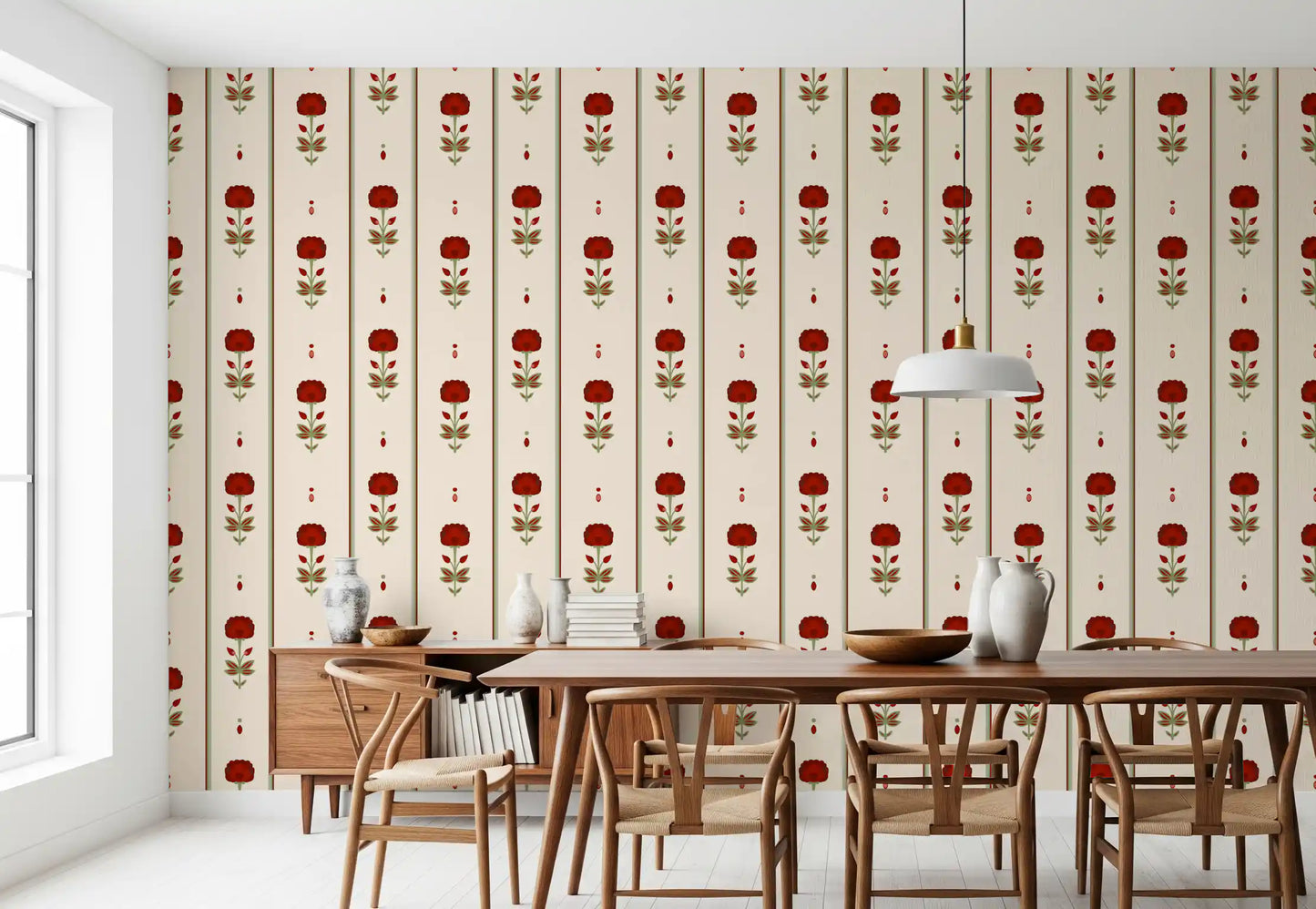 Papel de Parede Vintage Heritage com Risca Floral Vermelha