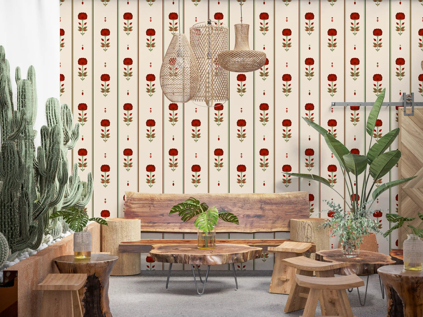 Papel de Parede Vintage Heritage com Risca Floral Vermelha