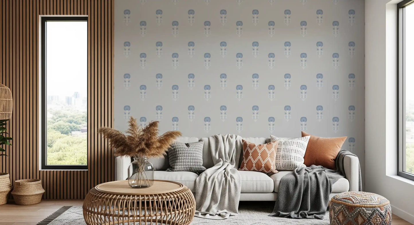 Papier peint Blue Blossom à motif indien imprimé au bloc