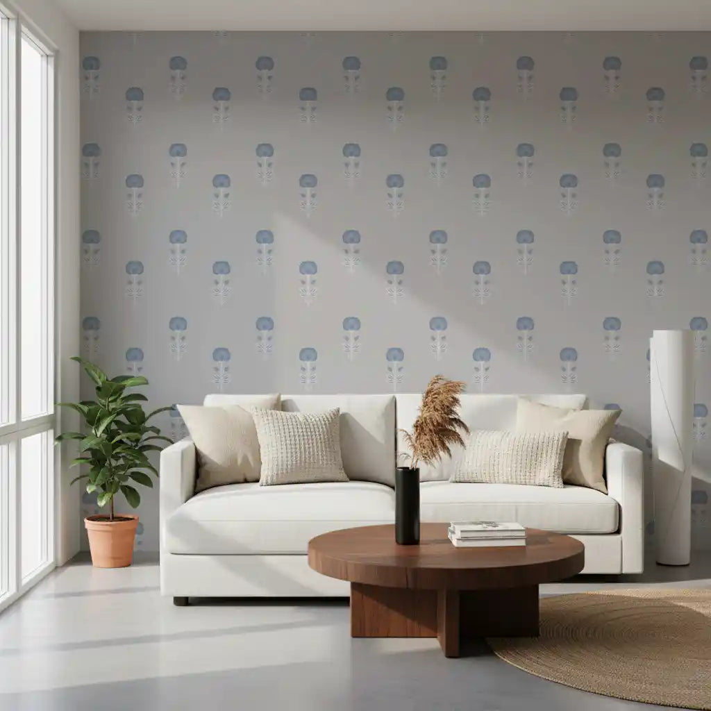Papier peint Blue Blossom à motif indien imprimé au bloc