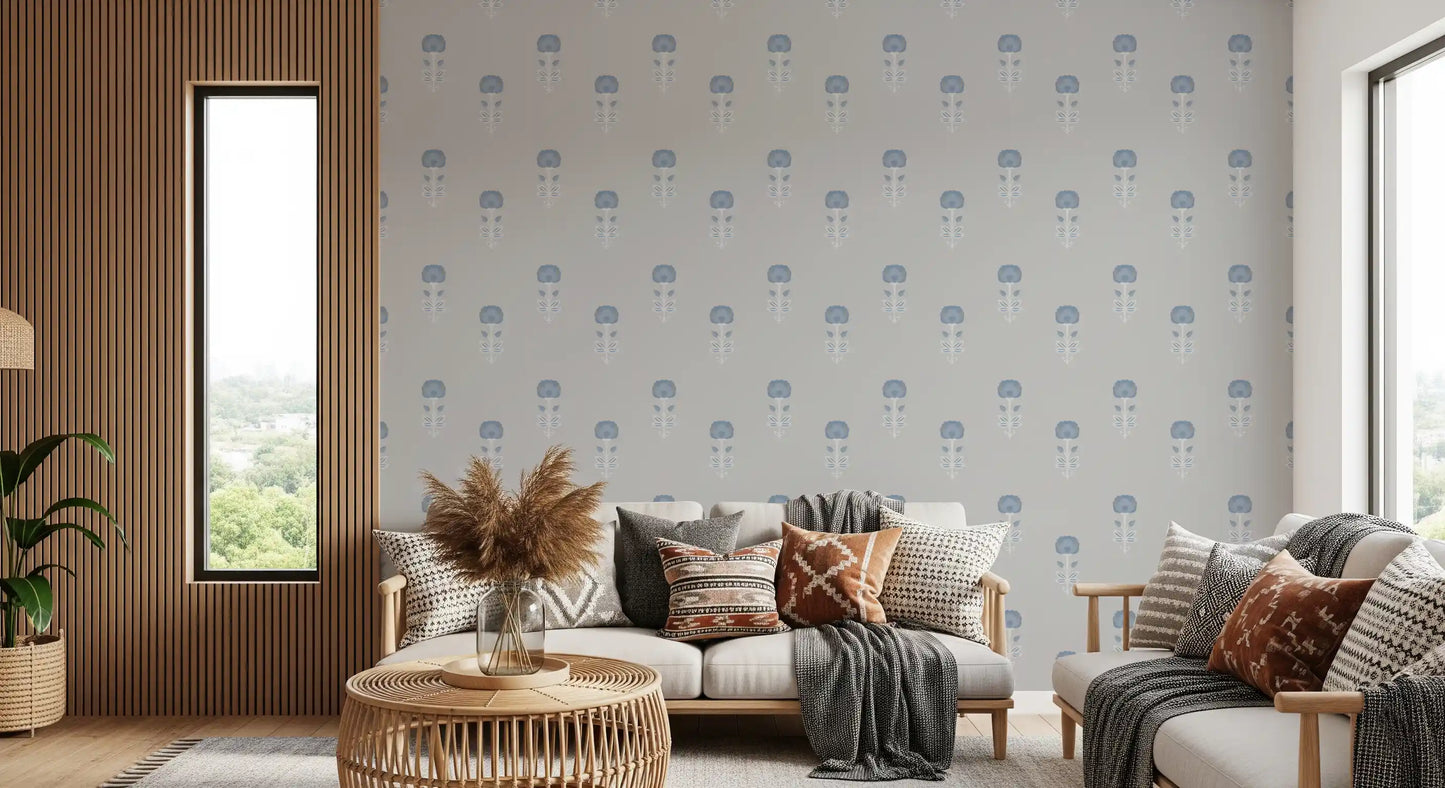 Papier peint Blue Blossom à motif indien imprimé au bloc