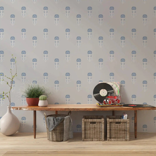 hallway brightened by the Blue Blossom Wallpaper in powder blue GD10748
