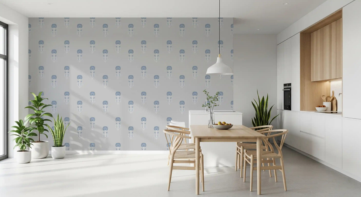 Papier peint Blue Blossom à motif indien imprimé au bloc