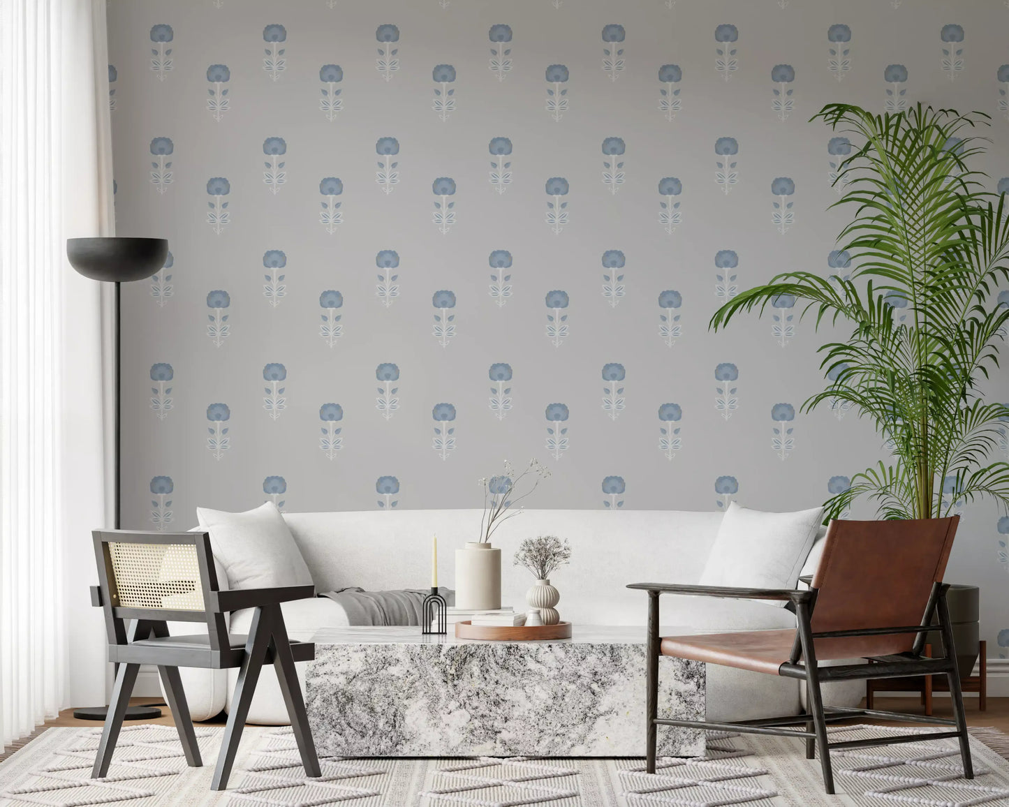 Papier peint Blue Blossom à motif indien imprimé au bloc