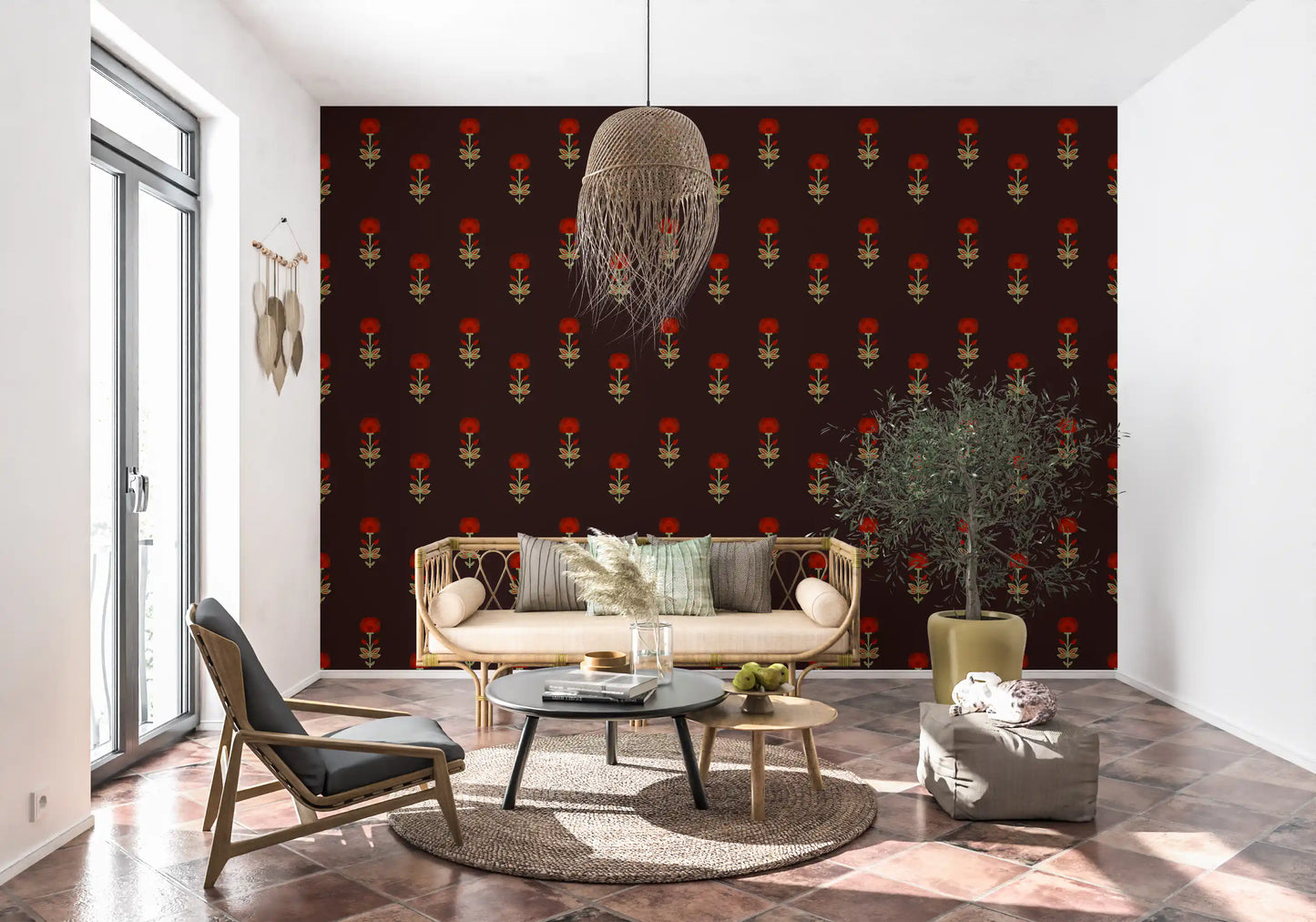 Papier peint Fleurs mogholes cramoisies